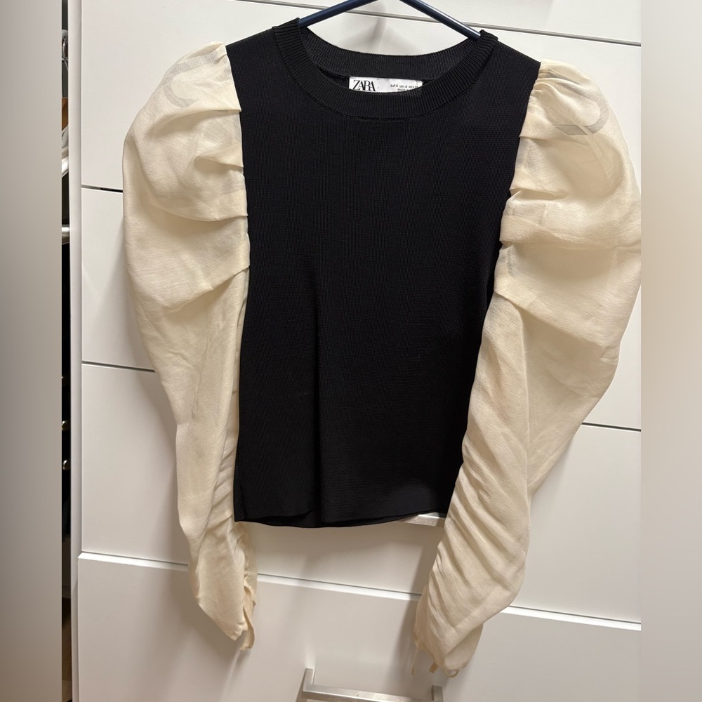 Zara Women's Black Top with Cream Sleeves